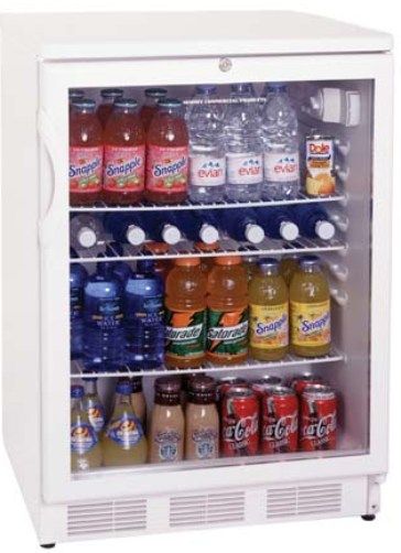 Summit SCR600L Commercial Under Counter Glass Door All-Refrigerator, White, 5.5 Cu.Ft. Capacity, Front Lock, Fully automatic defrost, Interior light, Double pane tempered glass door, Adjustable thermostat, Large adjustable shelves (each shelf holds trays up to 19 1/2