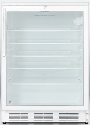 Summit SCR600LHV Commercially Approved Freestanding Beverage Refrigerator with Glass Door, Factory installed lock and Professional Thin handle, White Cabinet, 5.5 cu.ft. Capacity, Less than 24 inches wide to fit tight spaces, RHD Right Hand Door Swing, Double pane tempered glass door, Automatic defrost, Hidden evaporator (SCR-600LHV SCR 600LHV SCR600L SCR600)