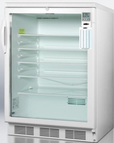 Summit SCR600LBIMED Commercially Approved Built-in Glass Door Refrigerator with High Temperature Alarm and Factory Installed Lock, White Cabinet, 5.5 Cu.Ft. Capacity, RHD Right Hand Door Swing, Automatic defrost, Internal fan with gel packs, Hospital grade cord with 'green dot' plug, Adjustable glass shelves (SCR-600LBIMED SCR 600LBIMED SCR600LBI SCR600L SCR600)