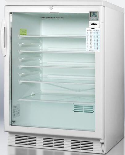 Summit SCR600LPLUSADA ADA Compliant Commercially Approved Freestanding Glass Door Refrigerator with Traceable Thermometer and Factory Installed Lock, White Cabinet, 5.5 Cu.Ft. Capacity, RHD Right Hand Door Swing, Automatic defrost, Internal fan with gel packs, Hospital grade cord with 'green dot' plug, Adjustable glass shelves (SCR-600LPLUSADA SCR 600LPLUSADA SCR600LPLUS SCR600L SCR600)