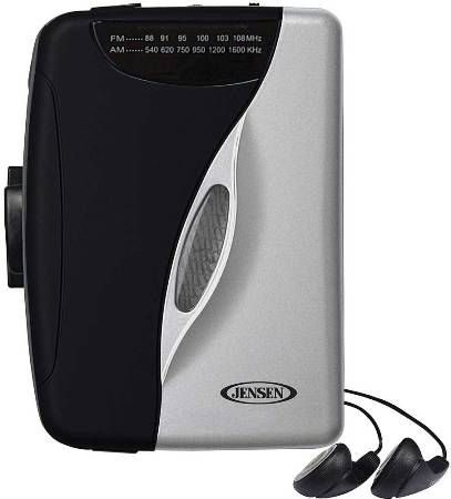 Jensen SCR68B Portable Stereo Cassette Player with AM/FM Radio; Play, Fast Forward and Stop; Auto Stop; Includes high efficiency stereo earbuds; Convenient Detachable Belt Clip; Up to 10 Hours of Continuous Battery Playback; Power 2 x 