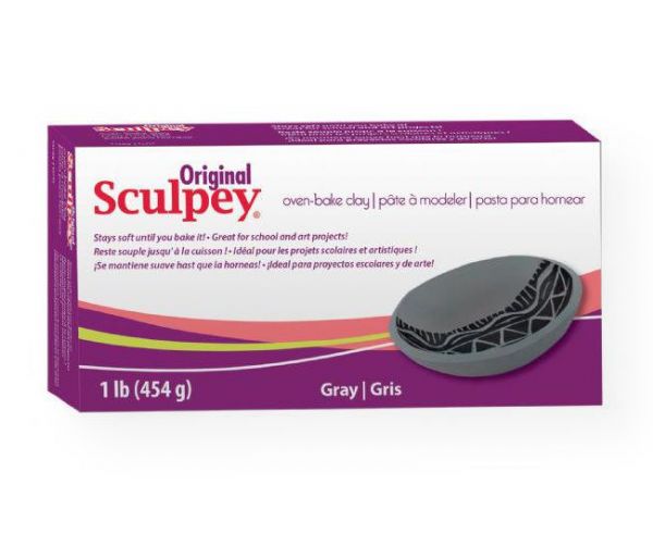Sculpey S01G Original Oven Bake Gray Clay 1 lb; Clay is soft and pliable; It works and feels like ceramic clay, but will not dry out when exposed to air; After baking, it can be sanded, drilled, carved, and painted with water-based acrylic paints; Gray, 1 lb; Bake at 275 F degrees (130 C degrees) for 15 minutes per .25