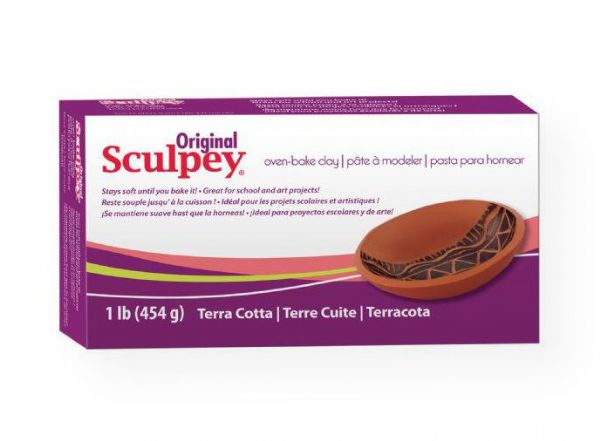 Sculpey S01T Original Oven Bake Terra Cotta Clay 1 lb; Clay is soft and pliable; It works and feels like ceramic clay, but will not dry out when exposed to air; After baking, it can be sanded, drilled, carved, and painted with water-based acrylic paints; Terra Cotta, 1 lb; Bake at 275 F degrees (130 C degrees) for 15 minutes per .25
