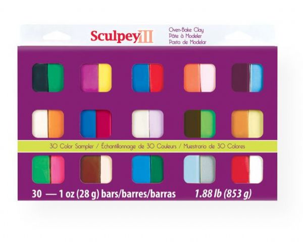 Sculpey S3301 III Polymer Clay Sampler; Sculpey III is soft and ready to use right from the package; Stays soft until baked - start a project and put it away until you're ready to work again, and it won't dry out; Bakes in the oven in minutes; This very versatile clay can be sculpted, rolled, cut, painted and extruded to make just about anything your creative mind can dream up; Shipping Weight 2.00 lb; UPC 715891116319 (SCULPEYS3301 SCULPEY-S3301 III-S3301 SCULPTING)