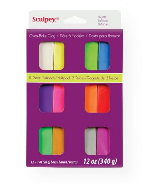 Sculpey S3VMB12 III Polymer Clay 12-Color Bright Set; Soft and ready to use right from the package; Plus, the product stays soft until baked; Work on projects for days without worrying about dry-out; Bakes in the oven in minutes; This very versatile clay can be sculpted, rolled, cut, painted and extruded through the Sculpey clay extruder to make just about anything; Great fun for everyone!; UPC 715891112465 (SCULPEYS3VMB12 SCULPEY-S3VMB12 III-S3VMB12 S3VMB12 SCULPTING ARTWORK)