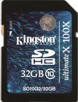 Kingston SD10G2/32GB Ultimate X Flash memory card, 32 GB Storage Capacity, 100x : 20 MB/s read 15 MB/s write Speed Rating, Class 10 SD Speed Class, SDHC Memory Card Form Factor, 3.3 V Supply Voltage, Write protection switch Features, UPC 740617186208 (SD10G232GB SD10G2-32GB SD10G2 32GB) 