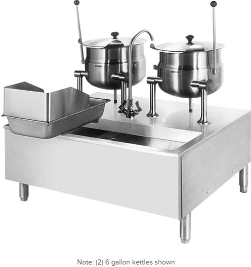 Cleveland SD-1200-K612 Six and Twelve Gallon Tilting 2/3 Steam Jacketed Direct Steam Kettles with Modular Stand, 50 PSI steam jacket and safety valve rating, One 6 gallon and one 12 gallon kettle, Modular Base, Floor Model Installation, Partial Kettle Jacket, Steam Power, 0.5