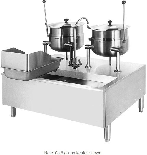 Cleveland SD-1600-K1212  Two 12 Gallon Tilting 2/3 Steam Jacketed Direct Steam Kettles with Modular Stand, Modular Base Features, Floor Model Installation, Partial Kettle Jacket, Steam Power, 0.5