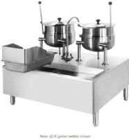 Cleveland SD-1600-K620 One 6 and 20 Gallon Tilting 2/3 Steam Jacketed Direct Steam Kettles with Modular Stand, 50 PSI steam jacket and safety valve rating, One 6 gallon and one 20 gallon kettle, Modular Base Features, Floor Model Installation Type, Partial Kettle Jacket, Steam Power Type, 0.5" Steam Inlet Size, Tilting Style, Double Kettle, 0.38" - 0.5" Water Inlet Size, 18" Base Height, 15.38" - 26.13" Kettle Height, UPC 400010764938 (SD-1600-K620 SD1600K620 SD 1600 K620) 
