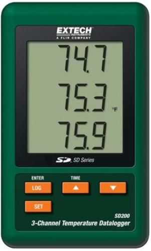Extech SD200-NIST Temperature Datalogger, 3-Channel, Records Data on an SD Card in Excel Format wirth NIST Certificate; Triple LCD simultaneously displays 3 Type-K Temperature channels; Datalogger stores readings on an SD card in Excel format for easy transfer to a PC; Selectable data sampling rate: 5, 10, 30, 60, 120, 300, 600 seconds or Auto; UPC: 793950432112 (EXTECHSD200NIST EXTECH SD200-NIST TEMPERATURE DATALOGGER CERTIFICATE)