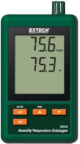 Extech SD500 Humidity/Temperature Datalogger, Records data on an SD card in Excel format; Dual LCD simultaneously displays Relative Humidity and Temperature readings; Datalogger stores readings on an SD card in Excel format for easy transfer to a PC; Selectable data sampling rate: 5, 10, 30, 60, 120, 300, 600 seconds or Auto; UPC 793950435007 (EXTECHSD500 EXTECH SD500 TEMPERATURE DATALOGGER)