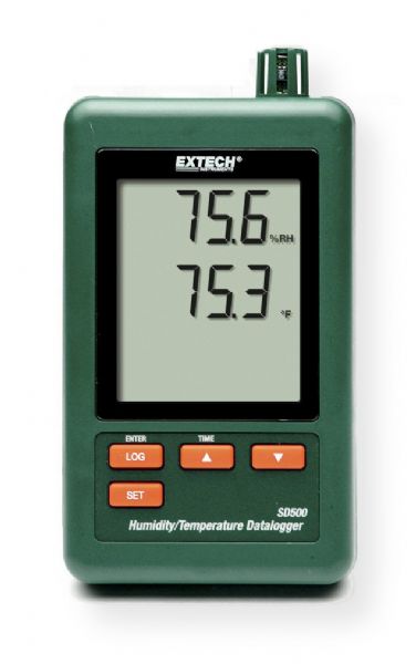 Extech SD500-NIST Humidity/Temperature Datalogger, Records data on an SD card in Excel format with Certificate; Dual LCD simultaneously displays Relative Humidity and Temperature readings; Datalogger stores readings on an SD card in Excel format for easy transfer to a PC; Selectable data sampling rate: 5, 10, 30, 60, 120, 300, 600 seconds or Auto; UPC 793950435007 (EXTECHSD500NIST EXTECH SD500 TEMPERATURE DATALOGGER CERTIFICATE)