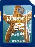 Kingston SD6G2/8GB Ultimate Flash Memory Card, 8 GB Storage Capacity, 133x 20 MB/s write Speed Rating, Class 6 SD Speed Class, SDHC Memory Card Form Factor, 3.3 V, Write protection switch Features, 1 x SDHC Memory Card Compatible Slots, UPC 740617145960 (SD6G28GB SD6G2-8GB SD6G2 8GB) 