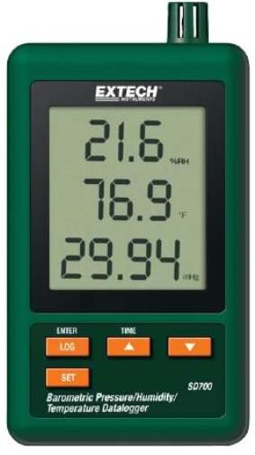 Extech SD700 Barometric Pressure/Humidity/Temperature Datalogger, Records data to SD Card in Excel Format; Displays Barometric Pressure in 3 units of measure: hPa, mmHg, and inHg; Triple LCD simultaneously displays Barometric Pressure, Temperature, and Relative Humidity; Datalogger date/time stamps and stores readings on an SD card in Excel format for easy transfer to a PC; UPC 793950437001 (EXTECHSD700 EXTECH SD700 DATALOGGER)