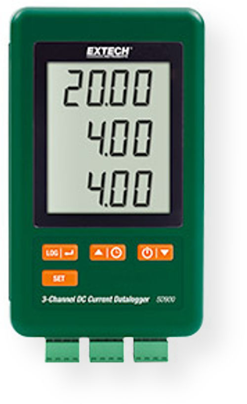 Extech SD900 DC Current Datalogger, 3-Channel, Records Data to SD card in Excel Format; Triple LCD simultaneously displays three DC Current (mA) channels; Datalogger date/time stamps and stores readings on an SD card in Excel format for easy transfer to a PC; Selectable data sampling rate: 2, 5, 10, 30, 60, 120, 300, 600 seconds or Auto; UPC: 793950439005 (EXTECHSD900 EXTECH SD900 TEMPERATURE DATALOGGER)