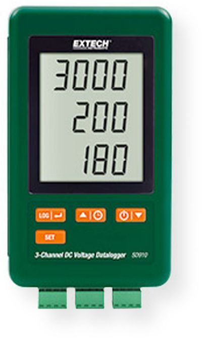 Extech SD910 DC Voltage datalogger, 3-Channel, Records Data to SD card in Excel Format with NIST Calibration; Triple LCD simultaneously displays three DC Voltage (mV) channels; Datalogger date/time stamps and stores readings on an SD card in Excel format for easy transfer to a PC; Selectable data sampling rate: 2, 5, 10, 30, 60, 120, 300, 600 seconds or Auto; UPC: 793950439128 (EXTECHSD910NIST EXTECH SD910-NIST DATALOGGER)