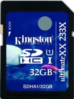 Kingston SDHA1/32GB UltimateXX Flash memory card, 32 GB Storage Capacity, 233x : 60 MB/s read 35 MB/s write Speed Rating, UHS Class 1 SD Speed Class, SDHC UHS-I Memory Card Form Factor, 3.3 V Supply Voltage, Write protection switch Features, 1 x SDHC UHS-I Memory Card Compatible Slots, Plug and Play Compliant Standards, UPC 740617179835 (SDHA132GB SDHA1-32GB SDHA1 32GB) 