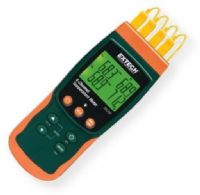 Extech SDL200 Datalogging Thermometer, 4-Channel, Records Data on an SD card in Excel Format; 6 Thermocouple types (J, K, E, T, R,S) and 2-Channel datalogging with RTD (Pt100Ohm) probes; Displays [T1, T2, T3, T4] or differential [T1-T2] reading; Offset adjustment used for zero function to make relative measurements; Stores 99 readings manually and 20M readings via 2G SD card; UPC 793950432105 (EXTECHSDL200  EXTECH SDL200 DATALOGGER) 