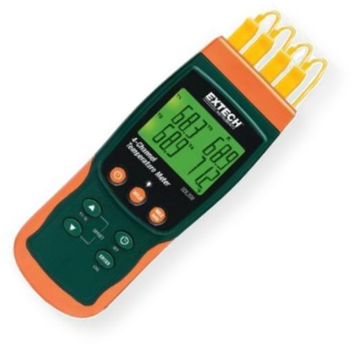 Extech SDL200 Datalogging Thermometer, 4-Channel, Records Data on an SD card in Excel Format; 6 Thermocouple types (J, K, E, T, R,S) and 2-Channel datalogging with RTD (Pt100Ohm) probes; Displays [T1, T2, T3, T4] or differential [T1-T2] reading; Offset adjustment used for zero function to make relative measurements; Stores 99 readings manually and 20M readings via 2G SD card; UPC 793950432105 (EXTECHSDL200  EXTECH SDL200 DATALOGGER)