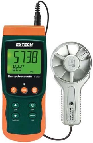 Extech SDL300-NIST Metal Vane Thermo-Anemometer/Datalogger with Certificate of Calibration Traceable to NIST, Metal Vane withstands temperatures to 158F (70C) and air velocity to 6900ft/min; Datalogger date/time stamps and stores readings on an SD card in Excel format for easy transfer to a PC; Adjustable data sampling rate 1 to 3600 seconds (SDL300NIST SDL300 NIST SDL-300 SDL 300 SD-L300)
