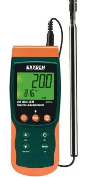 Extech SDL350 Hot Wire CFM Thermo-Anemometer/Datalogger, Air Velocity/Air Flow meter with telescoping probe designed to fit into HVAC ducts and other small openings; Datalogger date/time stamps and stores readings on an SD card in Excel format for easy transfer to a PC; Telescoping probe extends up to 7.05ft (215cm) maximum length with cable; UPC 793950433515 (SDL-350 SDL 350 SD-L350)