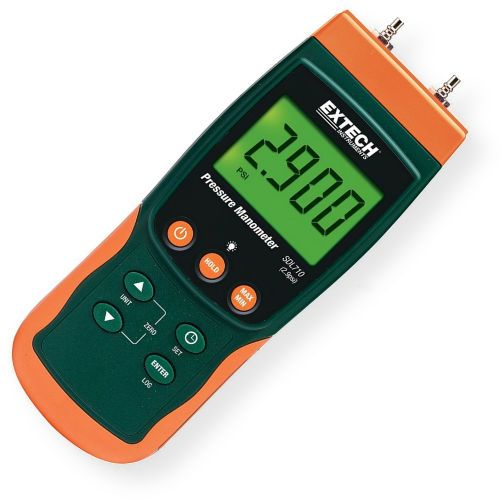 Extech SDL710 Differential Pressure Manometer Datalogger; Low measurement range more or less than 2.9 psi, 200mbar; 10 selectable units of measure; Stores 99 readings manually; Datalogger date time stamps and stores readings on an SD card in Excel format for easy transfer to a PC; Record Recall Max Min readings; UPC 793950437100 (SDL710 SDL-710 MANOMETER-SDL710 EXTECHSDL710 EXTECH-SDL710 EXTECH-SDL-710)