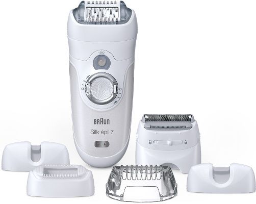 Braun SE7561 Silk-pil 7 7-561 Wet & Dry Cordless Epilator with 6 Extras Including a Shaver Head and a Trimmer Cap, White/Silver, Close-Grip Technology, High Frequency Massage system, Pivoting head, Skin contour adaptation, SoftLift Tips, Smartlight, Charges in only 1 hour for 40 minutes of use, 2 speed settings for adaption to your individual skin type, UPC 069055871430 (SE-7561 SE 7561 SE7-561)