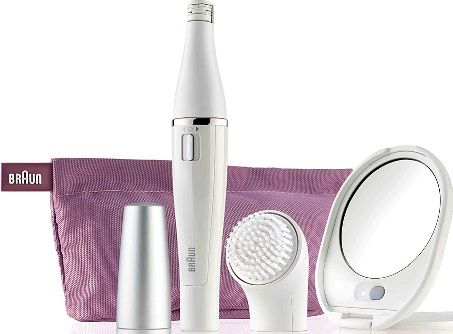 Braun SE830 Face Mini Epilator & Cleansing Brush; Slim epilator head; Waterproof & Washable; 10 micro-opening capture finest hairs (0.02mm); 200 movements per second; For chin, upper lip, forehead, and to maintain eyebrows in shape; Refines and exfoliates; Battery operated; Lighted mirror & Pouch included; UPC 069055870228 (SE-830 SE 830)