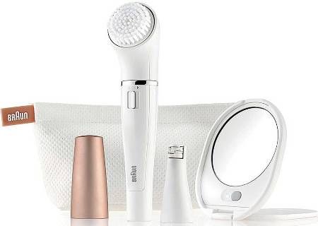 Braun SE831 Facial Epilator & Cleansing Brush System; Slim epilator head; Waterproof & Washable; 10 micro-opening capture finest hairs (0.02mm); 200 movements per second; For chin, upper lip, forehead, and to maintain eyebrows in shape; Refines and exfoliates; Battery operated; Lighted mirror & Pouch included; UPC 069055871423 (SE-831 SE 831)