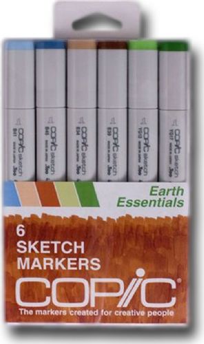 Copic SEARTH Sketch, 6-Color Earth Essentials Marker Set; The most popular marker in the Copic line; Perfect for scrapbooking, professional illustration, fashion design, manga, and craft projects; Photocopy safe and guaranteed color consistency;  The Super Brush nib acts like a paintbrush both in feel and color application; UPC COPICSEARTH (COPICSEARTH COPIC SEARTH COPIC-SEARTH)