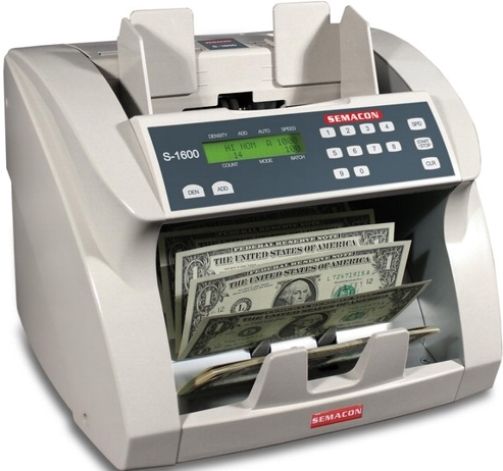Semacon S-1600 Premium Bank Grade Currency Counter, Up to 1800 banknotes per minute, Batching10 keys/1-999 Range, SmartFeed Friction Roller System, Hopper Capacity 250  400 Notes, Stacker Capacity 200  300 Notes, Note Size From 100 x 50 to 193 x 100 mm, Counting Mode, Adding Mode, Memory (SEMACONS1600 SEMACON-S1600 S1600 S 1600)