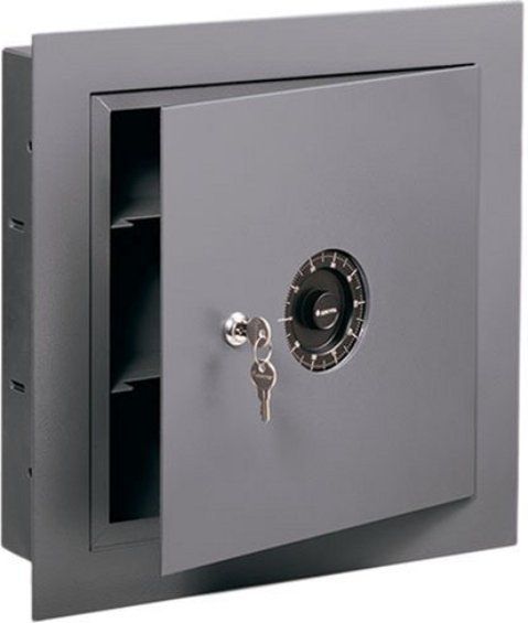 SentrySafe 7150 Dual Protection Wall Safe, 0.42 cu. ft. Capacity, Combination lock, Flat key lock, Reversible door, 2 Removable shelves, 16-Gauge steel cabinet and double-plate steel door, 2 Live-locking bolts, Key rack - 3 hooks, Concealed hinges, 15.9