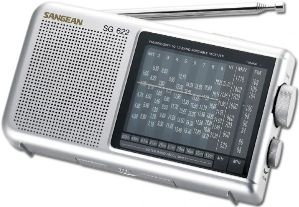Sangean SG-622 Analog World Receiver, (Analog, FM, MW, Silver, 277 g, DC Jack, Earphone Jack); Covers 10 major shortwave bands and AM/FM; Retractable antenna; Click and dial tuning system; Earphone jack; Uses 3 AA batteries (not included); Dimensions 6.46