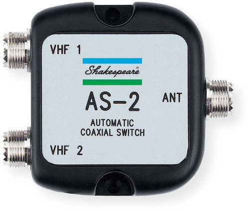 Shakespeare Model AS-2 Automatic VHF Toggle Switch; Enables Use of Two VHF Transceivers on a Single VHF Marine Antenna; Frequency Range: up to 600 MHz; VSWR: Below 1.2:1; Power Rating: 30 Watts; UPC 7194411509525 (AS-2 AUTOMATIC VHF TOGGLE SWITCH  SHAKESPEARE AS-2 SHAKESPEARE-AS-2 SHAKESPEAREAS2)