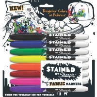 Sharpie 1779005 Stained Fabric Marker 8-Color Set; Fabric ink markers with a brush tip; Super bright, bold colors designed for optimal performance on most fabric surfaces; Wash without worries; ink resists fading on most fabrics during normal wash cycles; Set includes markers in 8 colors: Black, Blue, Green, Yellow, Orange, Red, Pink, Purple; Colors subject to change; Shipping Weight 0.22 lb; Shipping Dimensions 7.67 x 7.25 x 0.50 inches; UPC 071641032040 (SHARPIE1779005 SHARPIE-1779005 ) 