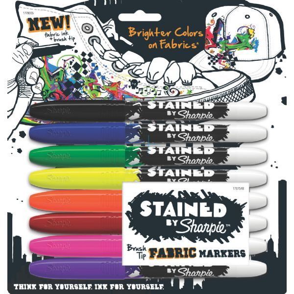 Sharpie 1779005 Stained Fabric Marker 8-Color Set; Fabric ink markers with a brush tip; Super bright, bold colors designed for optimal performance on most fabric surfaces; Wash without worries; ink resists fading on most fabrics during normal wash cycles; Set includes markers in 8 colors: Black, Blue, Green, Yellow, Orange, Red, Pink, Purple; Colors subject to change; Shipping Weight 0.22 lb; Shipping Dimensions 7.67 x 7.25 x 0.50 inches; UPC 071641032040 (SHARPIE1779005 SHARPIE-1779005 )