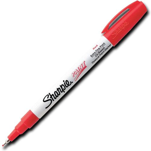 Sharpie 35527 Paint Marker, Extra Fine Marker Point Type, Red Oil Based Ink; Permanent, oil-based opaque paint markers mark on light and dark surfaces; Use on virtually any surface; metal, pottery, wood, rubber, glass, plastic, stone, and more; Quick-drying, and resistant to water, fading, and abrasion; Xylene-free; AP certified; Red, Extra Fine; Dimensions 5.00