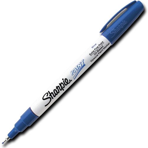 Sharpie 35528 Paint Marker, Extra Fine Marker Point Type, Blue Oil Based Ink; Permanent, oil-based opaque paint markers mark on light and dark surfaces; Use on virtually any surface; metal, pottery, wood, rubber, glass, plastic, stone, and more; Quick-drying, and resistant to water, fading, and abrasion; Xylene-free; AP certified; Blue, Extra Fine; Dimensions 5.00