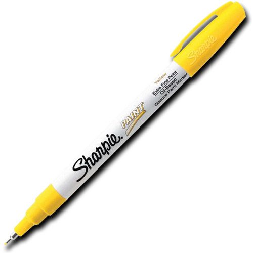 Sharpie 35530 Paint Marker, Extra Fine Marker Point Type, Yellow Oil Based Ink; Permanent, oil-based opaque paint markers mark on light and dark surfaces; Use on virtually any surface; metal, pottery, wood, rubber, glass, plastic, stone, and more; Quick-drying, and resistant to water, fading, and abrasion; Xylene-free; AP certified; Yellow, Extra Fine; Dimensions 5.00