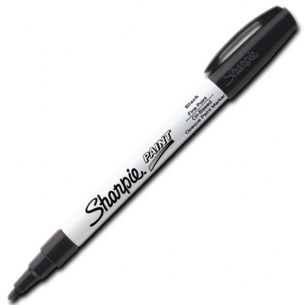 Sharpie 35534 Fine Point Paint Marker, Black, Permanent, Quick Drying; Permanent, oil-based opaque paint markers mark on light and dark surfaces; Use on virtually any surface, metal, pottery, wood, rubber, glass, plastic, stone, and more; Quick-drying, and resistant to water, fading, and abrasion; Xylene-free; AP certified; Black, Fine; Dimensions 5.00
