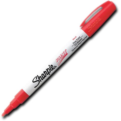 Sharpie 35535 Fine Point Paint Marker, Red, Permanent, Quick Drying; Permanent, oil-based opaque paint markers mark on light and dark surfaces; Use on virtually any surface, metal, pottery, wood, rubber, glass, plastic, stone, and more; Quick-drying, and resistant to water, fading, and abrasion; Xylene-free; AP certified; Red, Fine; Dimensions 5.00
