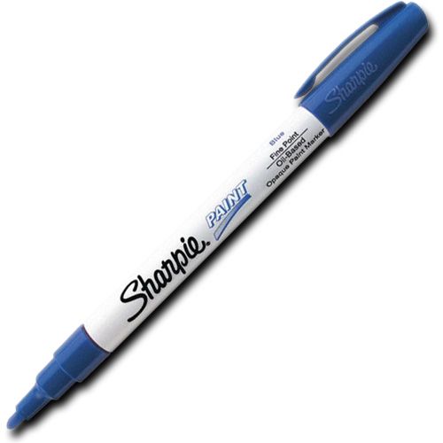 Sharpie 35536 Fine Point Paint Marker, Blue, Permanent, Quick Drying; Permanent, oil-based opaque paint markers mark on light and dark surfaces; Use on virtually any surface, metal, pottery, wood, rubber, glass, plastic, stone, and more; Quick-drying, and resistant to water, fading, and abrasion; Xylene-free; AP certified; Blue, Fine; Dimensions 5.00