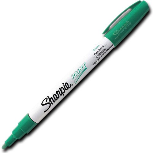 Sharpie 35537 Fine Point Paint Marker, Green, Permanent, Quick Drying; Permanent, oil-based opaque paint markers mark on light and dark surfaces; Use on virtually any surface, metal, pottery, wood, rubber, glass, plastic, stone, and more; Quick-drying, and resistant to water, fading, and abrasion; Xylene-free; AP certified; Green, Fine; Dimensions 5.00