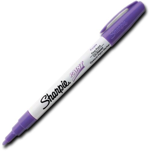 Sharpie 35541 Fine Point Paint Marker, Purple, Permanent, Quick Drying; Permanent, oil-based opaque paint markers mark on light and dark surfaces; Use on virtually any surface, metal, pottery, wood, rubber, glass, plastic, stone, and more; Quick-drying, and resistant to water, fading, and abrasion; Xylene-free; AP certified; Purple, Fine; Dimensions 5.00