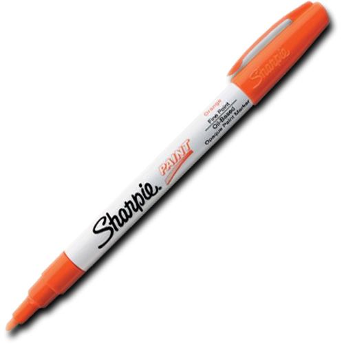 Sharpie 35542 Fine Point Paint Marker, Orange, Permanent, Quick Drying; Permanent, oil-based opaque paint markers mark on light and dark surfaces; Use on virtually any surface, metal, pottery, wood, rubber, glass, plastic, stone, and more; Quick-drying, and resistant to water, fading, and abrasion; Xylene-free; AP certified; Orange, Fine; Dimensions 5.00