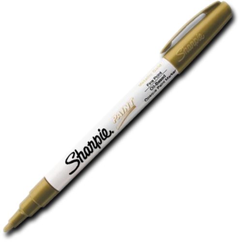 Sharpie 35544 Fine Point Paint Marker, Gold, Permanent, Quick Drying; Permanent, oil-based opaque paint markers mark on light and dark surfaces; Use on virtually any surface, metal, pottery, wood, rubber, glass, plastic, stone, and more; Quick-drying, and resistant to water, fading, and abrasion; Xylene-free; AP certified; Gold, Fine; Dimensions 5.00