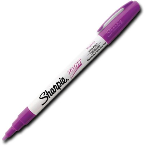 Sharpie 35547 Fine Point Paint Marker, Magenta, Permanent, Quick Drying; Permanent, oil-based opaque paint markers mark on light and dark surfaces; Use on virtually any surface, metal, pottery, wood, rubber, glass, plastic, stone, and more; Quick-drying, and resistant to water, fading, and abrasion; Xylene-free; AP certified; Magenta, Fine; Dimensions 5.00