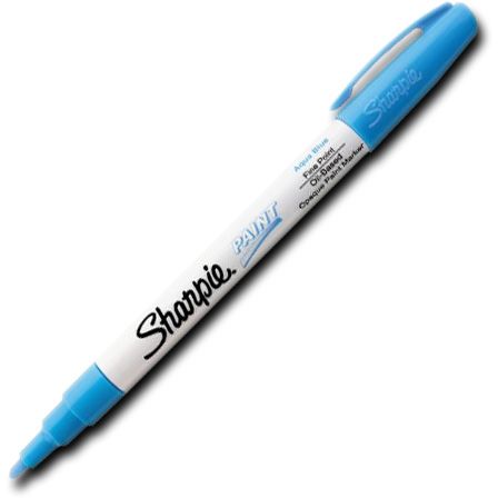 Sharpie 35548 Fine Point Paint Marker, Aqua, Permanent, Quick Drying; Permanent, oil-based opaque paint markers mark on light and dark surfaces; Use on virtually any surface, metal, pottery, wood, rubber, glass, plastic, stone, and more; Quick-drying, and resistant to water, fading, and abrasion; Xylene-free; AP certified; Aqua, Fine; Dimensions 5.00