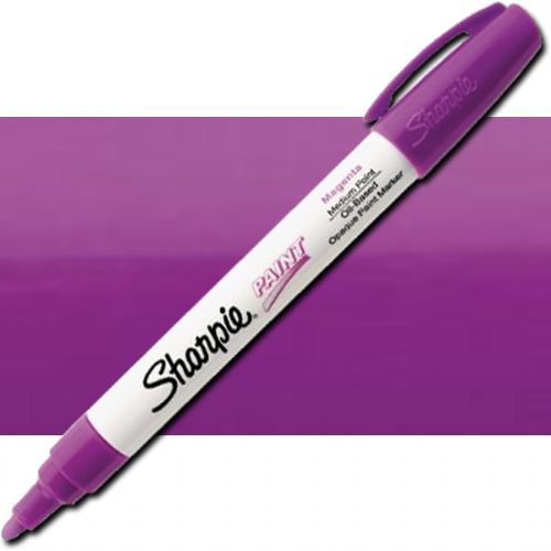 Sharpie 35562 Oil Paint Marker Medium Magenta; Permanent, oil-based opaque paint markers mark on light and dark surfaces; Use on virtually any surface, metal, pottery, wood, rubber, glass, plastic, stone, and more; Quick-drying, and resistant to water, fading, and abrasion; Xylene-free; AP certified; Magenta, Medium; Dimensions 5.5
