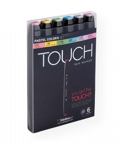 ShinHan Art 1100616 TOUCH Twin Pastel Colors 6-Piece Marker Set; An advanced alcohol-based ink formula that ensures rich color saturation and coverage with silky ink flow; The alcohol-based ink doesn't dissolve printed ink toner, allowing for odorless, vividly colored artwork on printed materials; The delivery of ink flow can be perfectly controlled to allow precision drawing; EAN 8809326961925 (SHINHANART1100616 SHINHANART-1100616 TOUCH-TWIN-1100616 MARKER DRAWING)